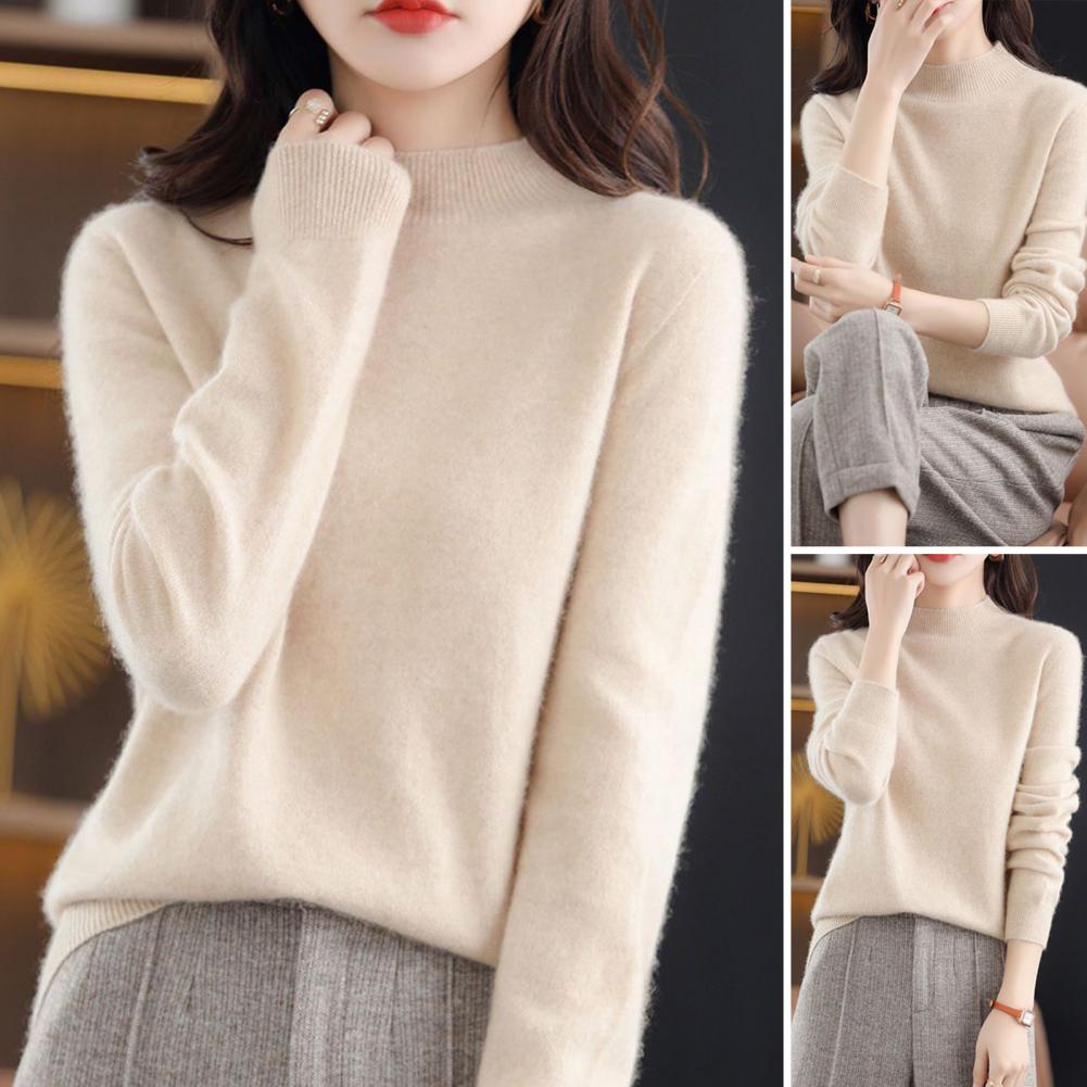 Women Viscose Knit Sweater Soft Stretchy Women's Sweater Long Sleeve Mid Collar Pullover Knit Top for Daily Wear Lightweight