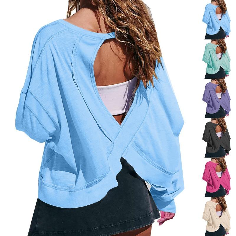 Women's Loose Long Sleeved Backless Women's Top Age Reducing Hollow Out Short Round Neck Women's T-shirt