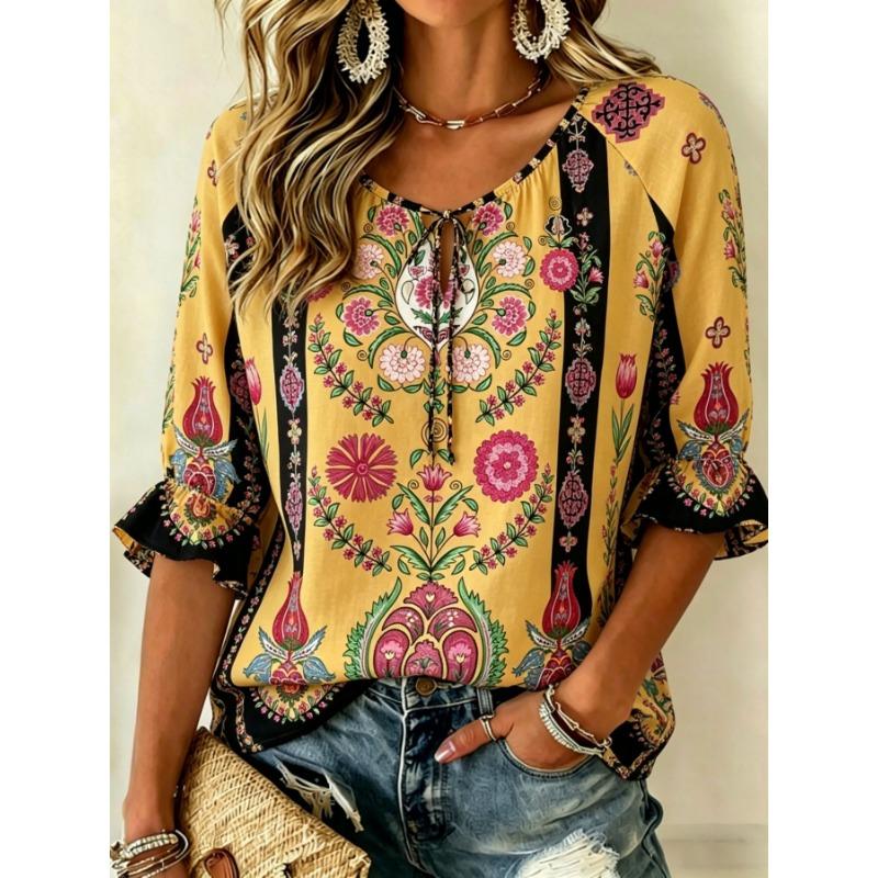 Women's Rust Red Botanical Print Tie Neck Blouse, Casual Loose Tops for Spring Summer Daily Wear & Vacation Occasions