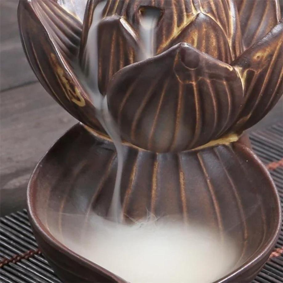 1 Pièce Nouveau Porte-encens à Reflux Lotus Montagne Élevée Eau Courante Ornement Créatif Céramique Maison Rétro Porte-encens à Reflux