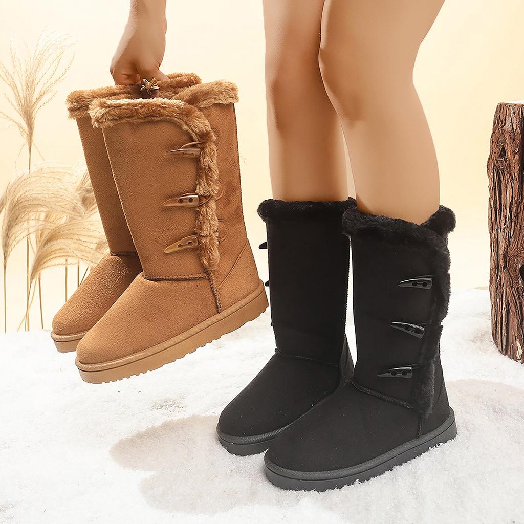 Ladies snow boots classic style with fur insulation and horn buttons high-calf boots
