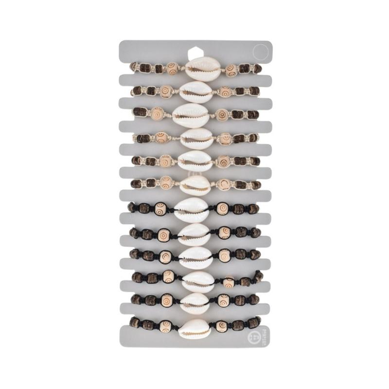 12pcs/lot Bohemian Shell Charm Braided Bracelet For Women Child Wood Bead Adjustable Rope Chain Anklet Jewelry