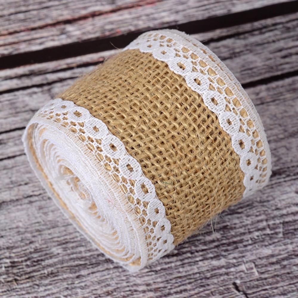 1 Rol 2M×5cm Natuurlijk Jute Linnen Lint, Rustiek Vintage Linnen Kantrand voor Bruiloftsdecoratie, Kerstfeest & Knutselbenodigdheden