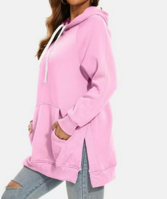 2024 Women's Solid Color Hooded Split Shoulder Sleeve Fleece Sweatshirt for Autumn and Winter