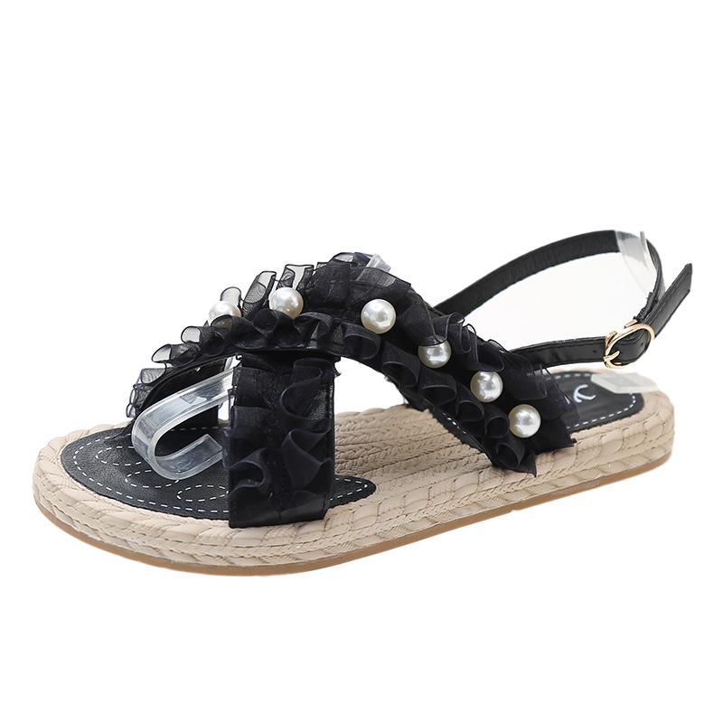 

2024 Новые летние римские пляжные туфли на плоской подошве с французским жемчугом премиум-сандалии для женщин 40 чёрный