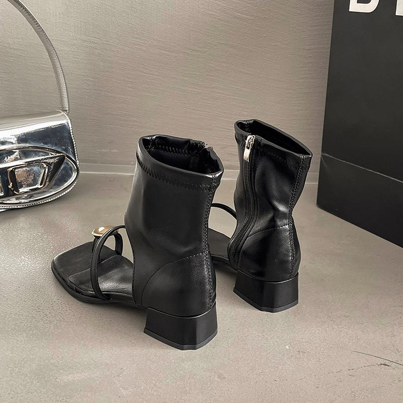 

Дизайнерские нишевые сандалии на толстом каблуке с боковой молнией черные 2025 новые женские летние с квадратным носком крутые ботинки с закрытым носком крутые ботинки 35