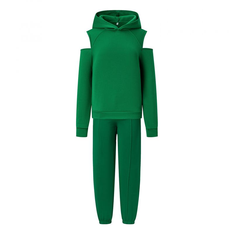 2026 Women's European & American Fashion Solid Color Two-Piece Set: Hooded Cropped Sweatshirt & Joggers
