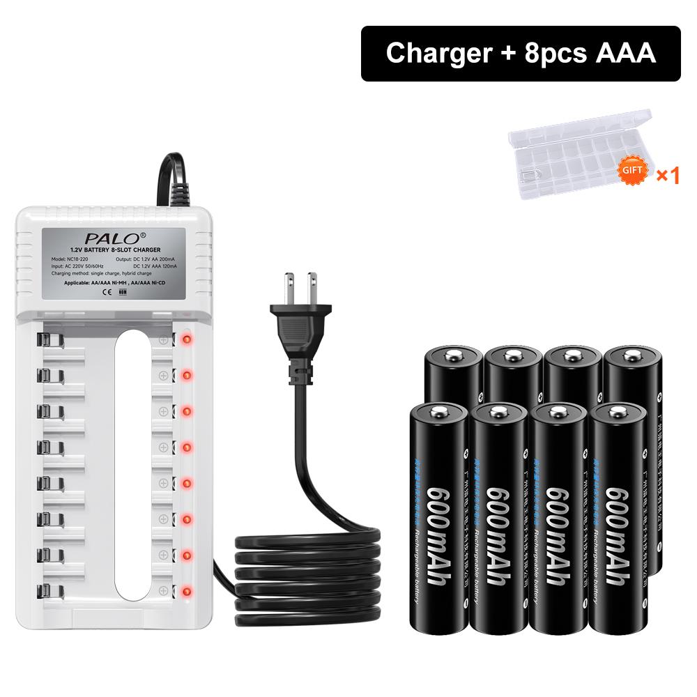 PALO 1.2V AA Ni-MH Battery 1300mah +AAA Rechargeable Batteries 600mah for Toy alarm clock with 8 slots Smart 2A 3A Battery Charger