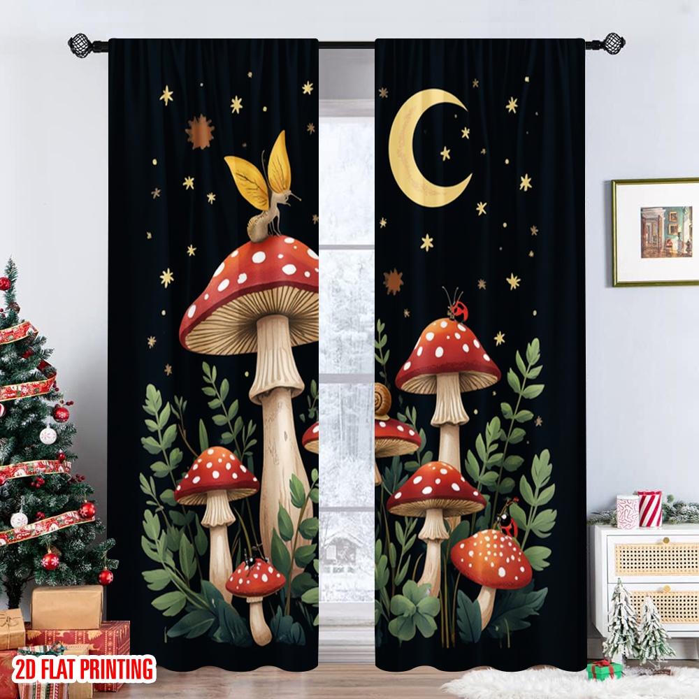 Set Of 2 Flat Printing Drapes Magical Mushroom Night Sky Digital Printed Polyester Family Party Use Home Wall Yard Curtain Made