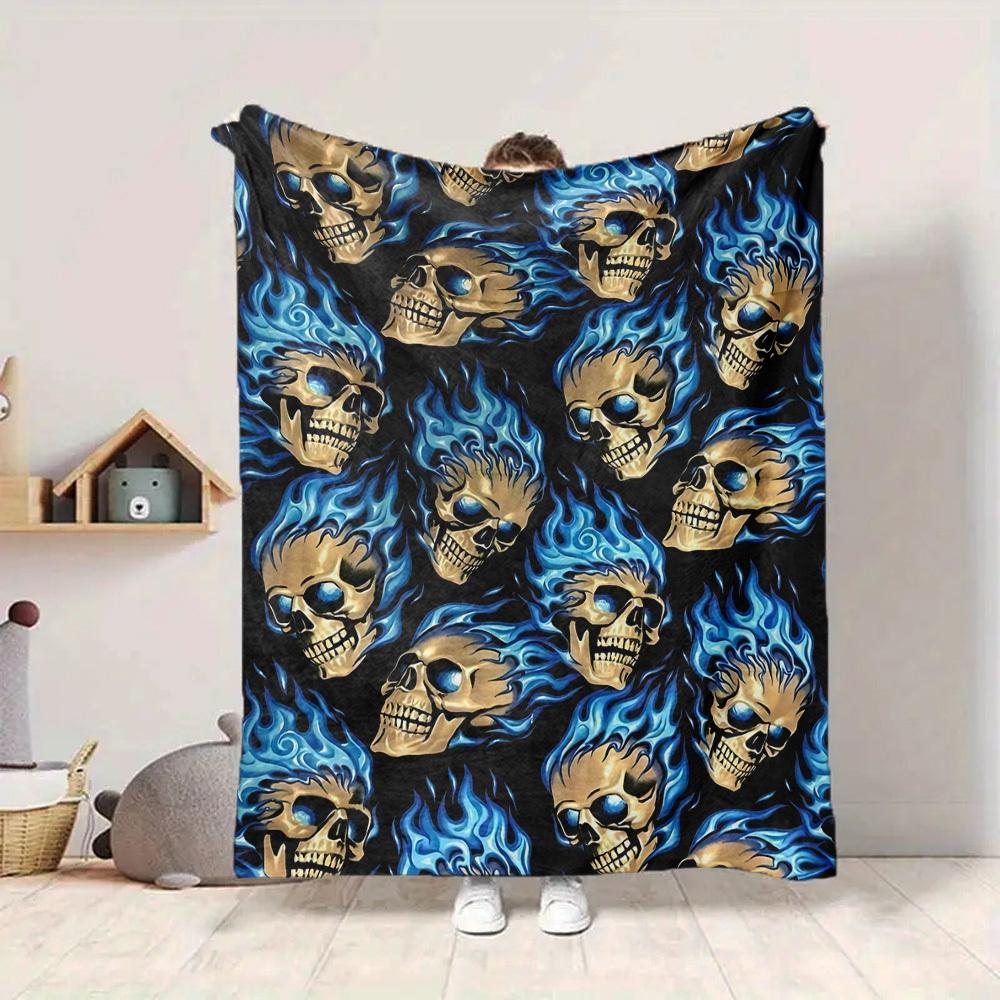 1pc Flame Skulls Blanket, Lightweight Flannel Throw Blanket For Sofa, Bed, Travel, Camping, Living Room, Office, Couch, Chair, And Bed