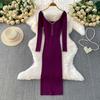 Autumn Spring Women Sexy Square Collar Luxury Beading Knitted Sweater Party Dress Long Midi Sheath Bodycon Sheath Dresses