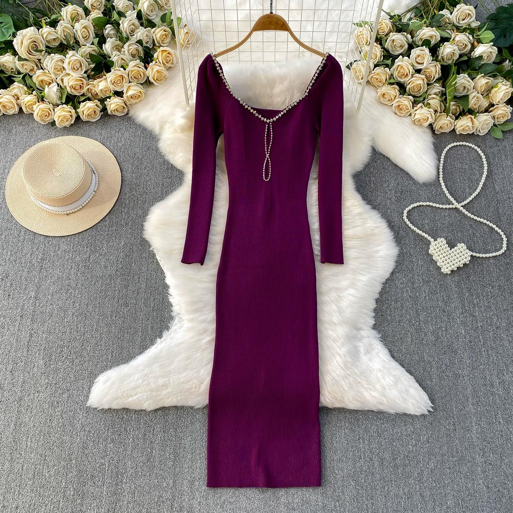 Autumn Spring Women Sexy Square Collar Luxury Beading Knitted Sweater Party Dress Long Midi Sheath Bodycon Sheath Dresses