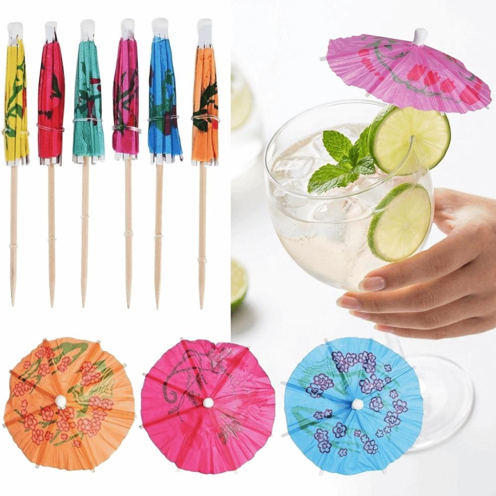 100PCS Paper Umbrella Tops Cocktail Picks Wooden Sticks Decorative Skewers Dessert Topping