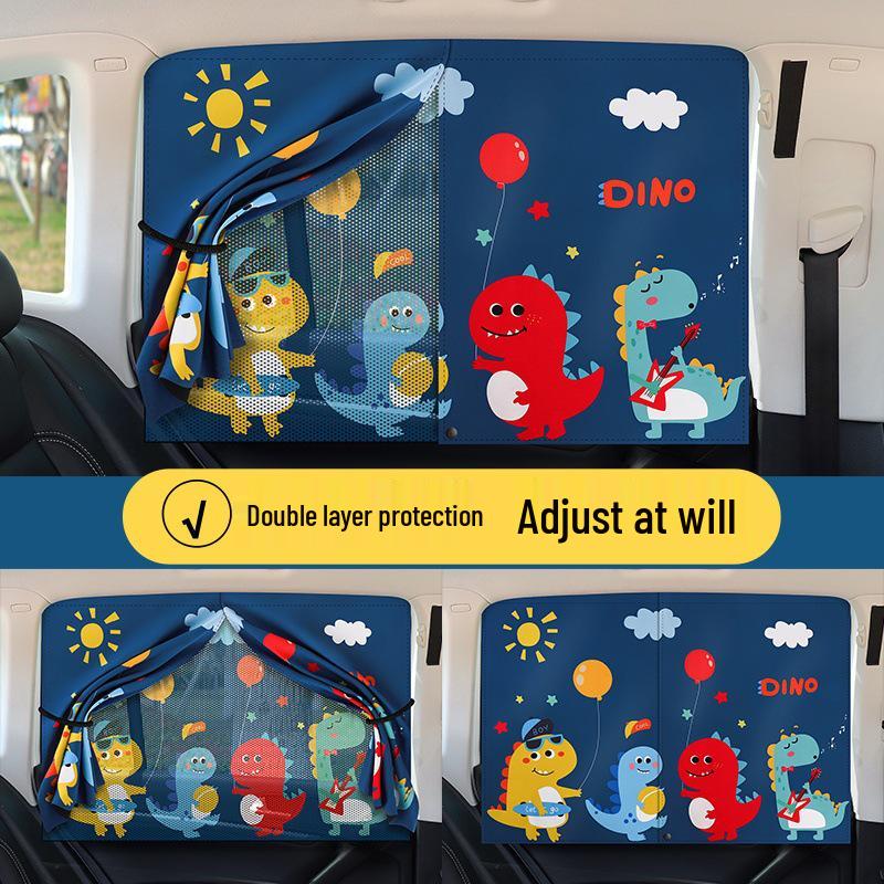 Magnetic Cartoon Car Sunshade - Double Layer Window Curtain for Children's Heat Insulation & UV Protection