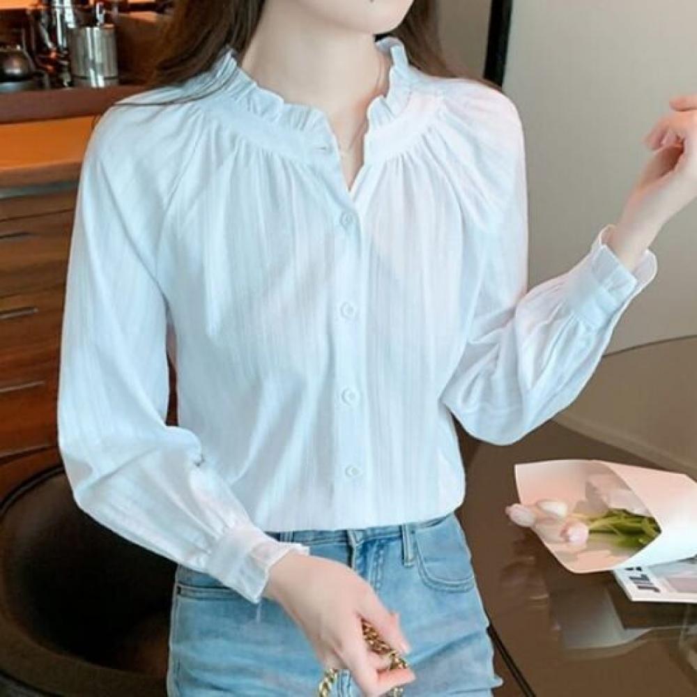 Navava Solid Frill Henry Neck Long Sleeve Blouse Nb3025