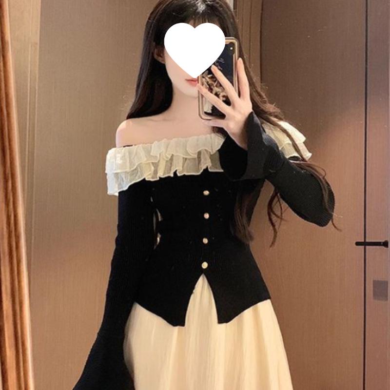 Pure Desire Elegant Ruffled One-Shoulder Long-Sleeve Shirt with Slit and Button-Up, for Inner or Outer Wear.