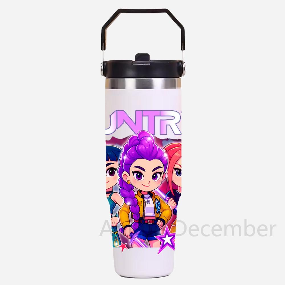 30Oz Anime K-Pop Large Capacity Portable Car Cup Stainless Steel Thermos Cup with Straw Handle Travel Sports Water Bottle Vacuum Flask