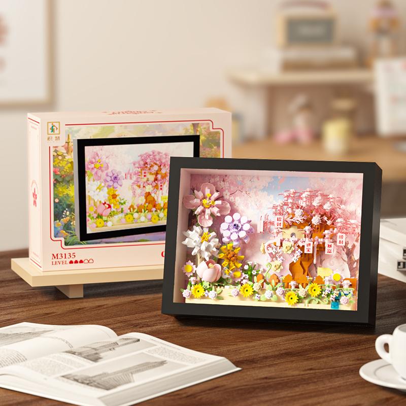 Creative MOC Assembled Building Block Toy Cherry Blossom, Rose, Sunflower, Santa Claus Flower Photo Frame Series Birthday Gift