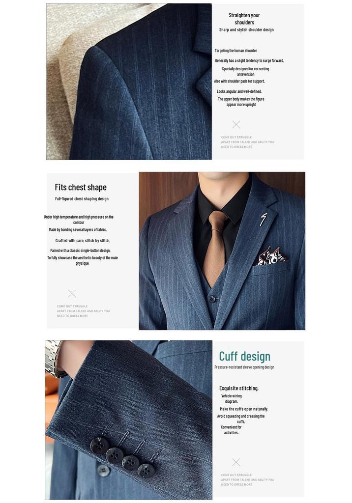 Men's Slim Fit Striped Three-Piece Suit for Wedding or Business Wear