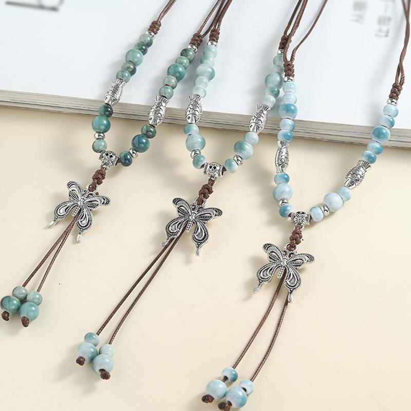 Chinese style long length sweater style accessory  butterfly necklace  ceramic  hanger cord