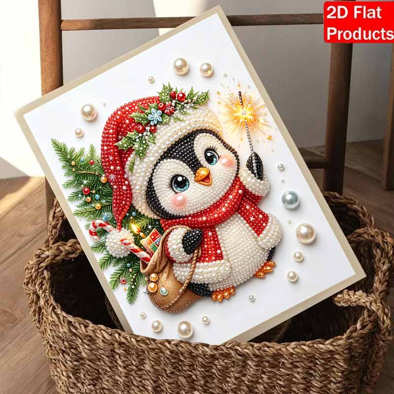 Frameless Pearl Painting Kit Cute Penguin with Santa Hat Aesthetic Wall Art DIY Sparkling Bead Canvas Christmas Room Decor Creative Craft
