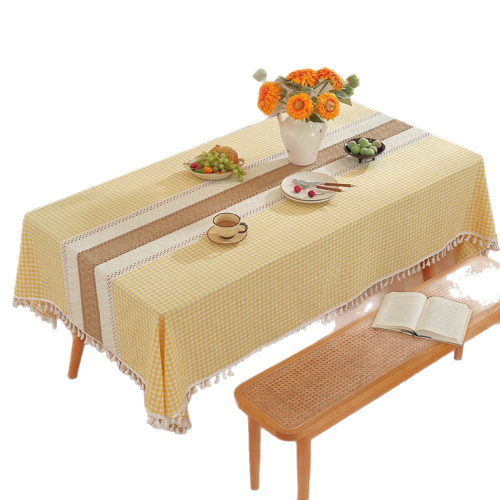 Nordic Classic Patchwork Tablecloth with Tassels - Dustproof Decorative Imitation Cotton Linen