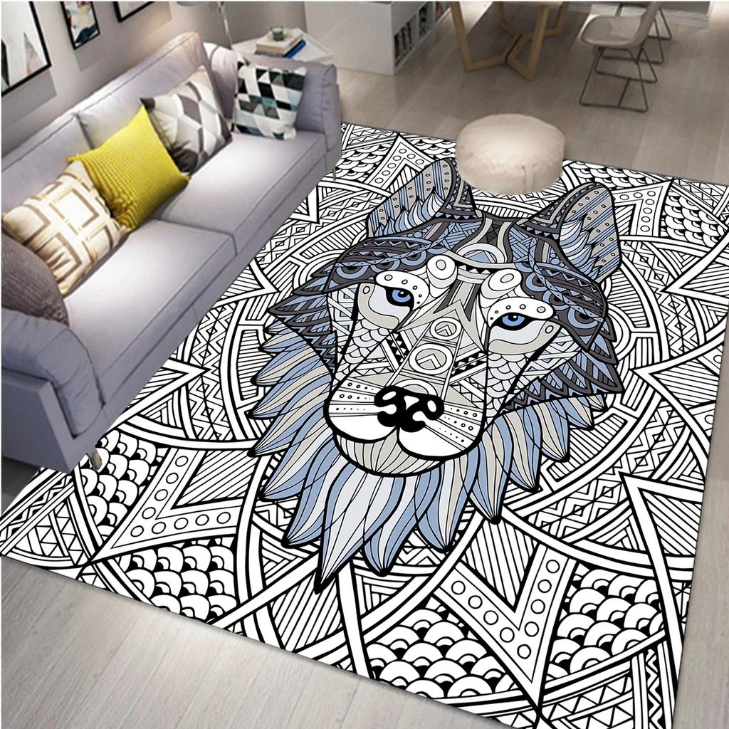 Wolf Carpet Bohemian Mandala Flower Area Rug for Living Room Bathroom Laundry Room Decor Wild Animal Doormat Non-Slip Floor Mat