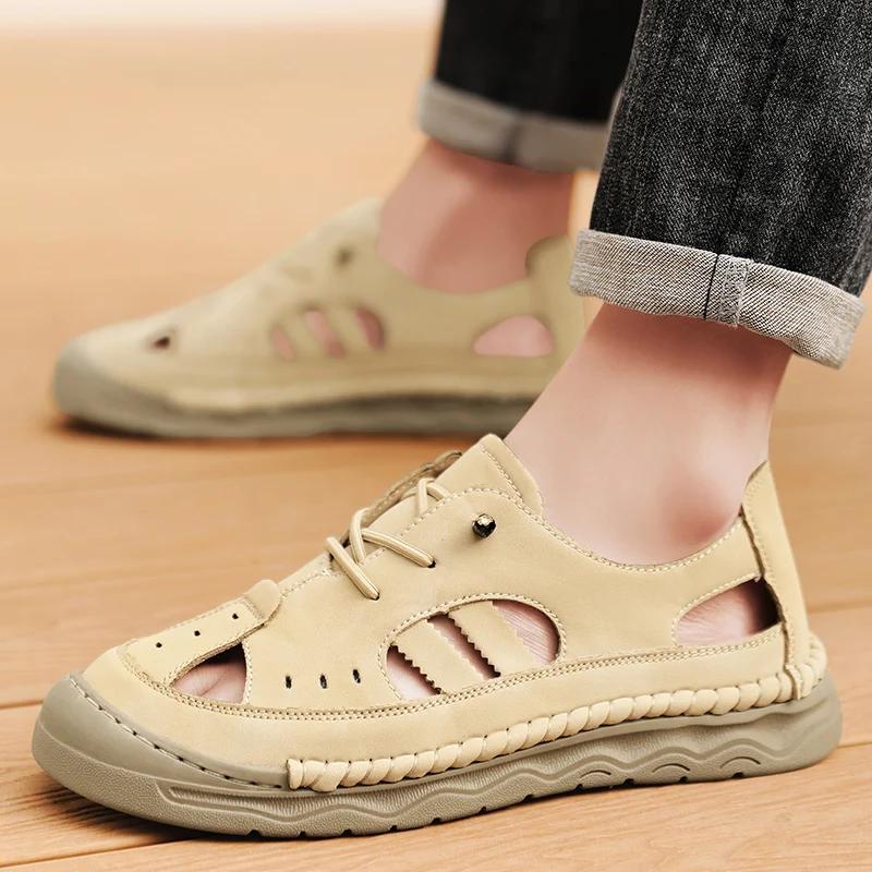 Fashion Men Fashion Summer New Style Leather Sandals Toe Cap Outdoor Sports Hollow Leisure Beach Sandals Man Hand Sewn Thread Mesh Shoes