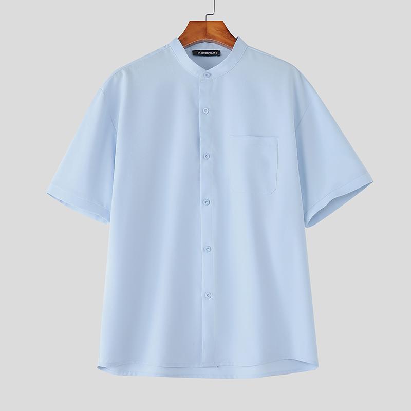 

INCERUN Мужские рубашки хенли оверсайз без воротника, повседневные, свободного кроя, с коротким рукавом, полупрозрачные 3XL синий