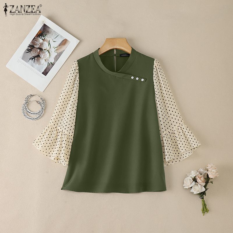 ZANZEA Women Casual Round Neck Polka Dot Print Splice 3/4 Sleeve Loose Blouse