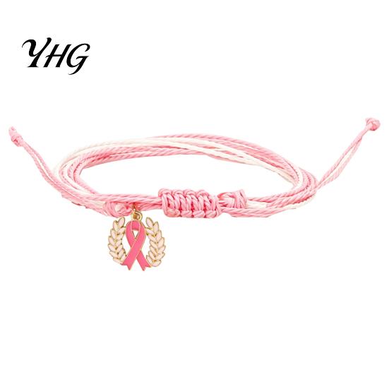 Breast Cancer Awareness Gifts Bracelet for Women, Adjustable Woven String with Handwoven Rope Wristband Ribbon Charm, Handmade Braided Survivor