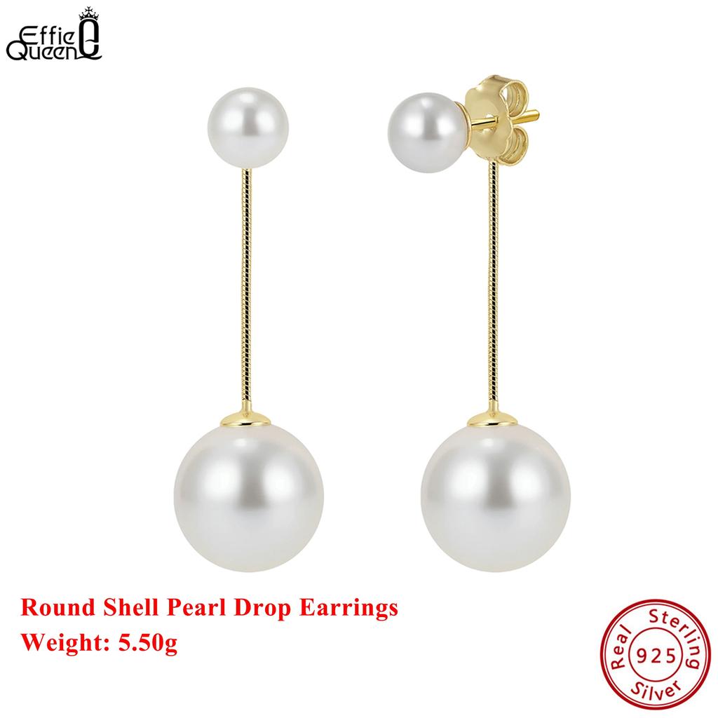Effie Queen 100% 925 Sterling Silver 14k Gold Two Round Shell Pearl Drop Earrings Beach Jewelry for Women Summer Beach Ear PSE04