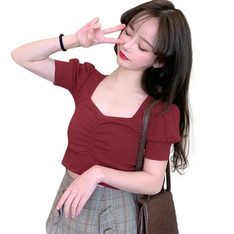 

Женские сексуальные топы с квадратным воротником, тонкая футболка с короткими рукавами и пупком