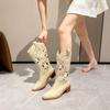 Western Cowboy Boots 2025 Spring and Autumn Thick Heel V-neck Embroidered Hole Knight Boots Retro Size Breathable Women's Boots