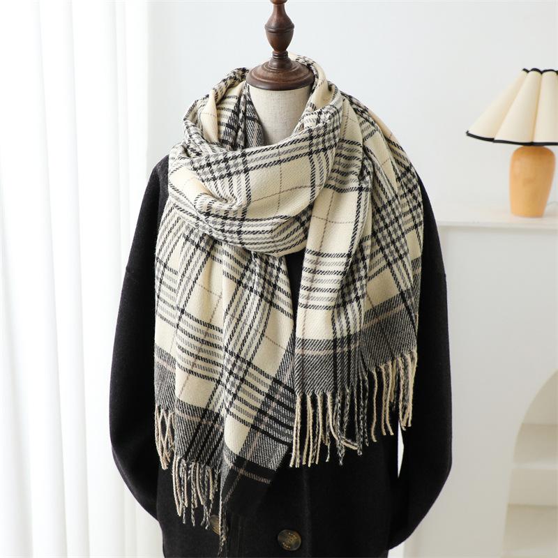Plaid Imitation Cashmere Scarf Korean Version Simple And Versatile Warm Scarf Women'S Thickened Fringed Shawl