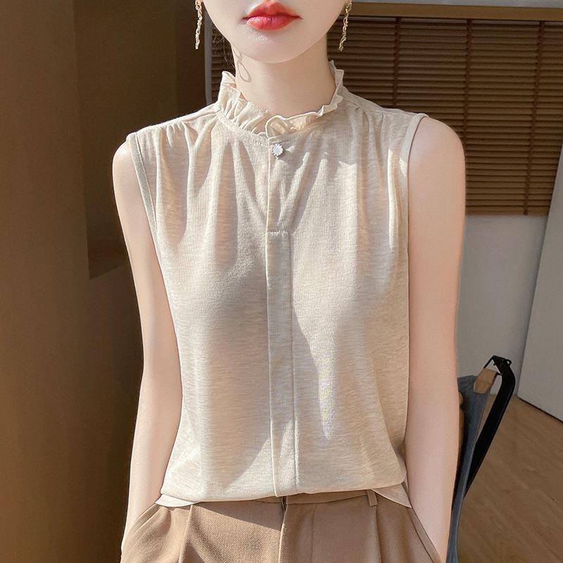 Women's Spring and Summer New Retro Style Half-high Round Neck Wooden Ear Edge Jacquard Hollow Loose Sleeveless Vests