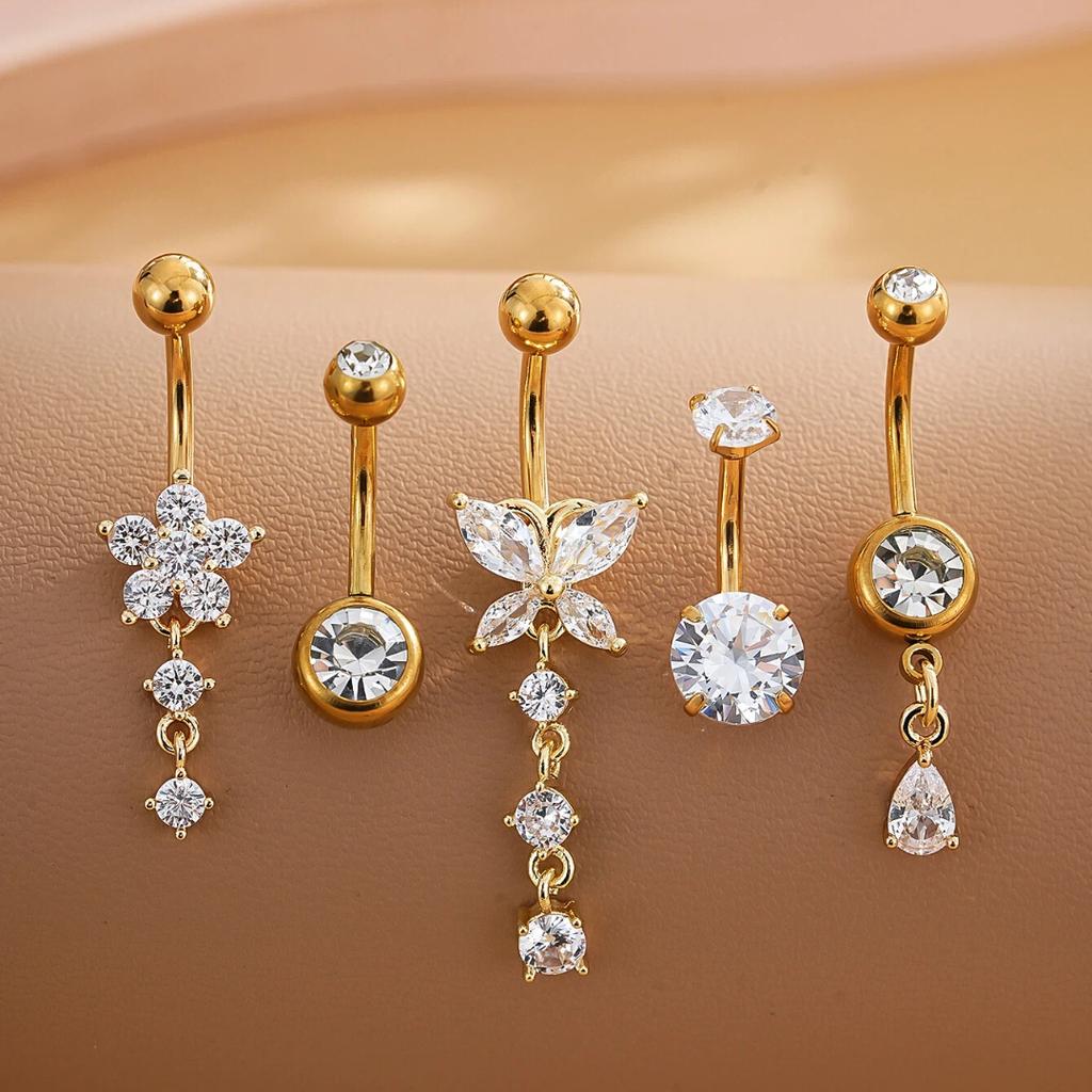 5PCS Belly Button Rings Women 14G Dangle Navel Piercing Jewelry Set Stainless Steel Zircon Butterfly Teardrop Flower Gold/Silver