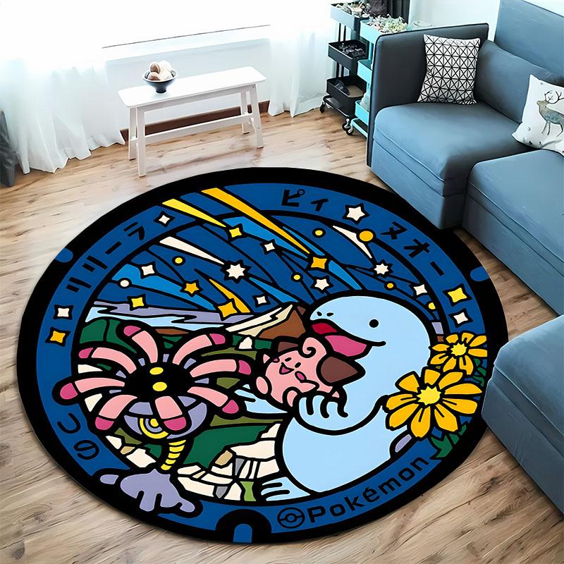 Pokemon Classic Character Collection Print Round Carpet Bedroom Living Room Mat Sofa Home Room Decor Rug Gift for Family Friends