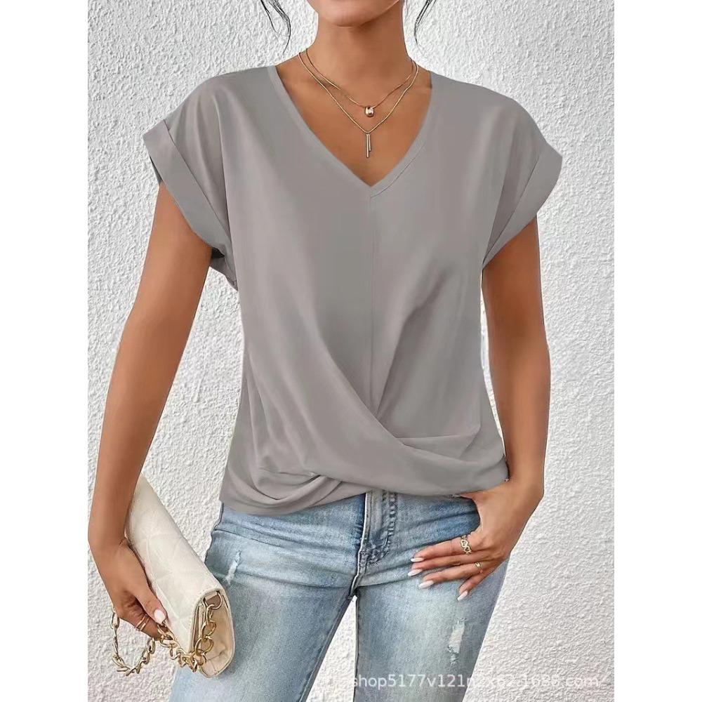Nieuw Sexy V-hals Korte Mouw Shirt Blouse Tops Kantoor Dame Lente Zomer Casual Los Effen Wit T-shirt voor Dames Dames T-shirts
