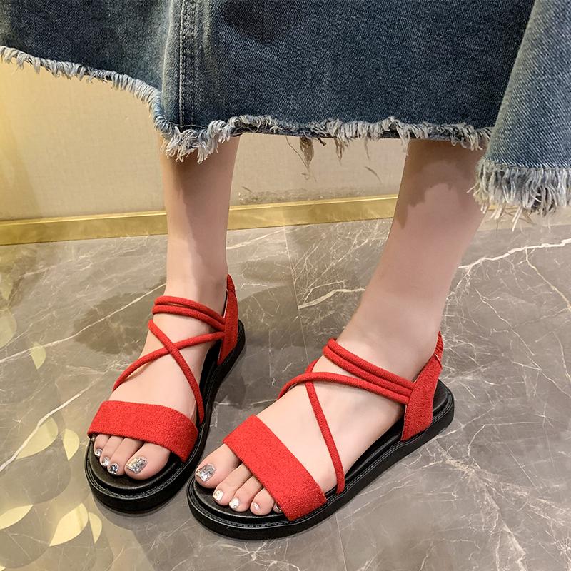 Roman Sandals Women's Summer New Round Toe Open Toe Thin Strap Soft Sole Non-slip Wear-resistant Flat Beach Shoes