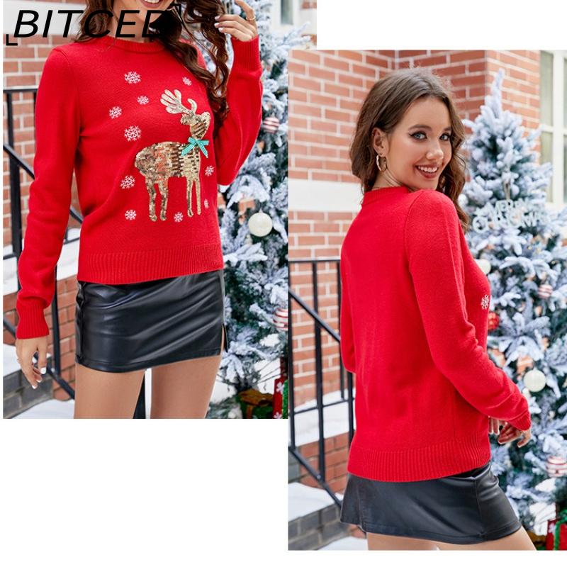 BITCED Weihnachtsstrickwaren für Damen Herbst/Winter Rentier bestickt Bezaubernder weihnachtlicher Strickpullover
