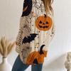 Womens Halloween Pumpkin Bat Print Hollow Out Loose Long Sleeve Knit Sweater