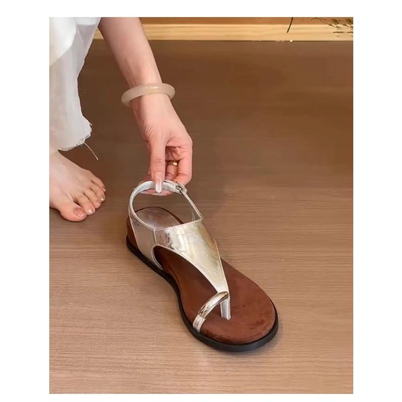 Fashion French Minor Metal Buckle Toe Sandals Women's Soft Sole Comfortable Roman Shoes