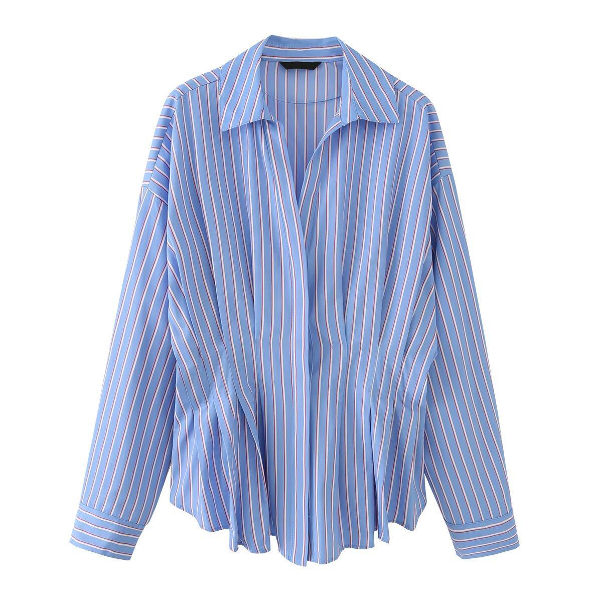 European and American style, new women s fashion, fashionable, fashionable striped poplin pleated shirt XS