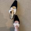 Bowknot Closed Toe Sandals Low Heel Summer Square Toe Shallow Mouth Temperament Flat Shoes Versatile No Tired Feet Single Shoes