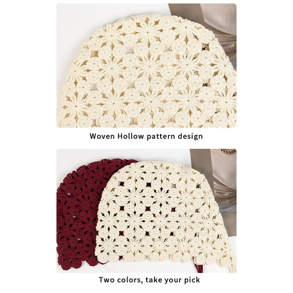 Breathable Hand-knitted Hollow Flowers Hat Elegant Soft Women Hat Fringed Crochet Cute Beret Cap for Women Photography