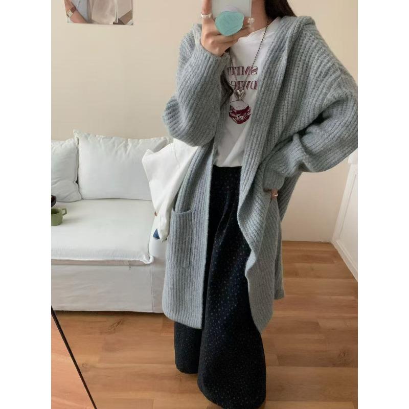 Hooded Loose Large Size Thickened Medium and Long Knitted Jacket New Lazy Wind Sweater Cardigan with Women Outside