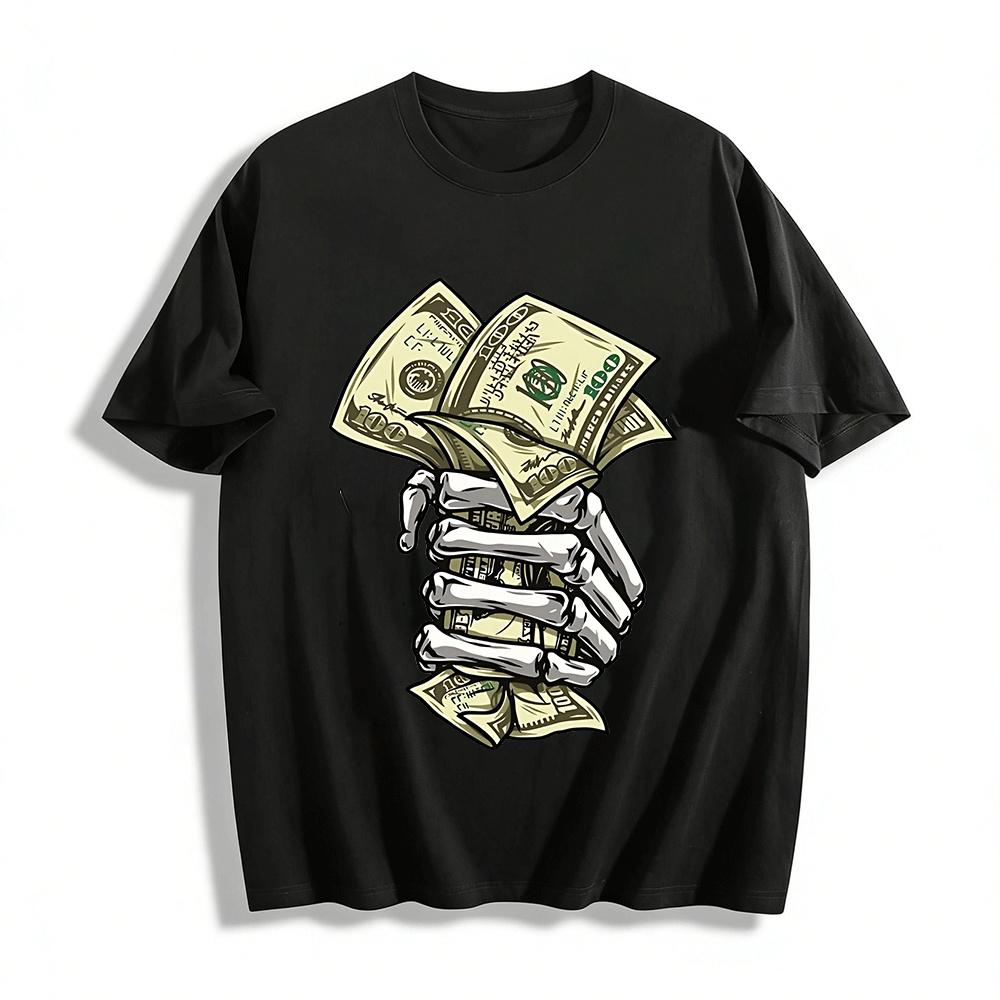 

Skeleton Holding Dollar Bills Graphic Tee Streetwear Casual Top Pure cotton T-shirt XXS