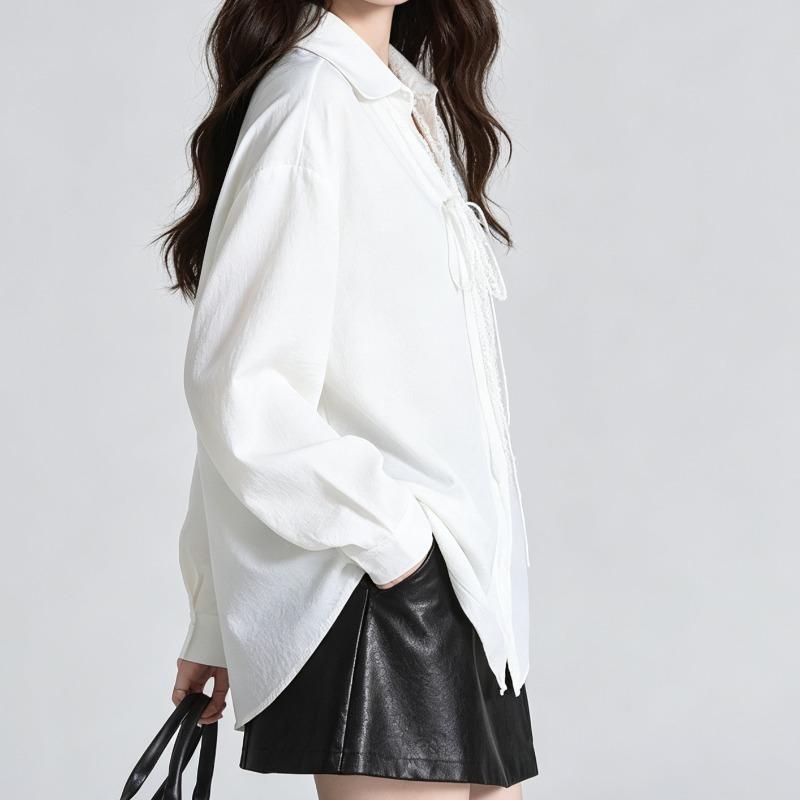 Women's Solid Color Shirt Female Lace Up Turn-down Collar Long Sleeved Blouse Spring New Korean Style Loose Versatile Top