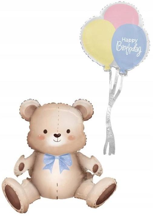 Balon Foliowy Siedzący Miś Z Balonami 3D Misiu Urodziny Roczek 41X76X31Cm